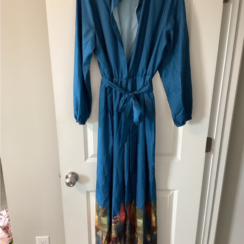 Blue Maxi Dress with Multicolor Hem